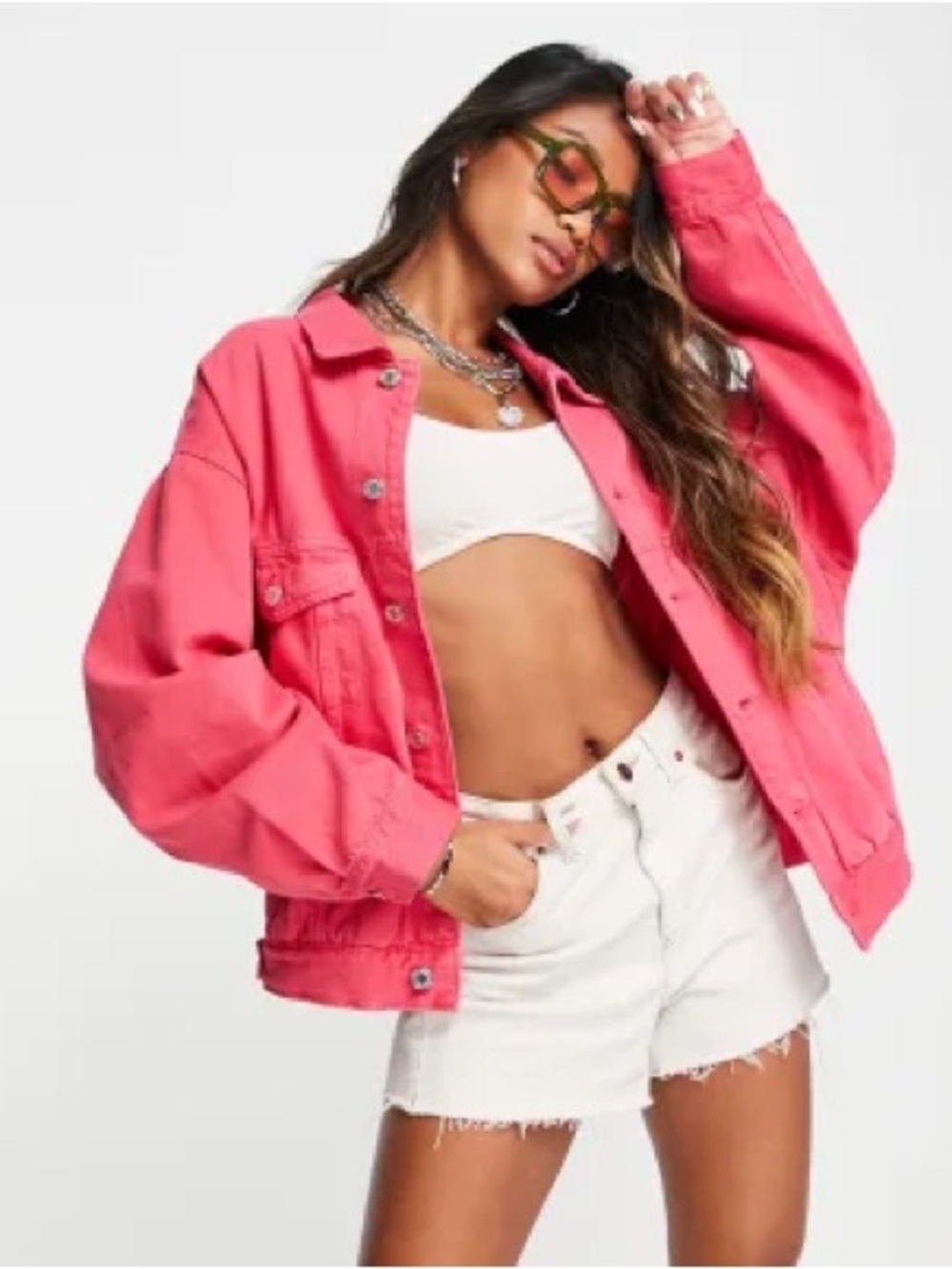Berksha Oversized Denim Jacket in Bright Pink, Size Small